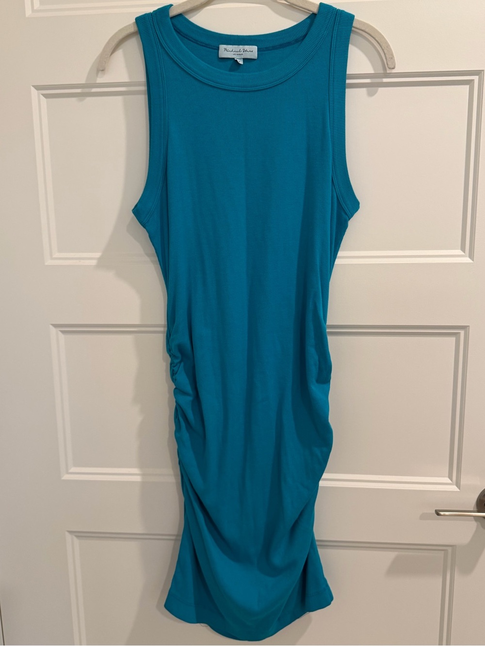 Michael Stars Demi Ruched Ribbed Midi Dress in Turquoise, size LP (Large Petite)